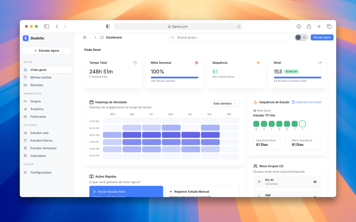 Prévia do StudoGo com estatísticas, grupos e sessões